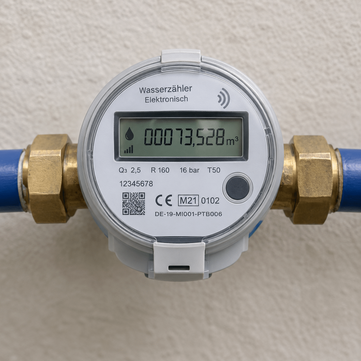 Elektronischer Wasserzähler am blauen Rohr